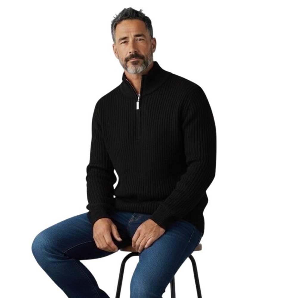 Fairlane Mens XXL Black‎ 100% Merino Wool Quarter Zip Mock Neck Sweater Luxury